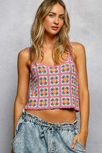 POL round neck sleeveless relaxed fit top in crochet with granny square pattern, scalloped edge - Pink Multi
