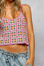 POL round neck sleeveless relaxed fit top in crochet with granny square pattern, scalloped edge - Pink Multi