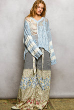 POL long sleeve relaxed fit thin sweater top in airy cotton with twisted weave, color blocked stripe pattern, see through weave, back patch point, rib band detail - Beige or Sky Blue