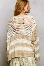POL long sleeve relaxed fit thin sweater top in airy cotton with twisted weave, color blocked stripe pattern, see through weave, back patch point, rib band detail - Beige or Sky Blue