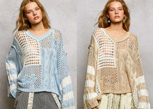 POL long sleeve relaxed fit thin sweater top in airy cotton with twisted weave, color blocked stripe pattern, see through weave, back patch point, rib band detail - Beige or Sky Blue