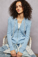 POL hoodie zip up, full sleeve, regular fit top in acrylic sweater with trim tie detail pointed solid pattern - Powder Blue