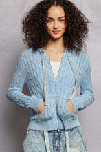 POL hoodie zip up, full sleeve, regular fit top in acrylic sweater with trim tie detail pointed solid pattern - Powder Blue