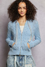 POL hoodie zip up, full sleeve, regular fit top in acrylic sweater with trim tie detail pointed solid pattern - Powder Blue