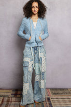 POL hoodie zip up, full sleeve, regular fit top in acrylic sweater with trim tie detail pointed solid pattern - Powder Blue