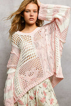 POL long sleeve relaxed fit thin sweater top in airy cotton with twisted weave, color blocked stripe pattern, see through weave, back patch point, rib band detail - Beige or Sky Blue