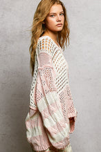 POL long sleeve relaxed fit thin sweater top in airy cotton with twisted weave, color blocked stripe pattern, see through weave, back patch point, rib band detail - Beige or Sky Blue