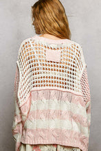 POL long sleeve relaxed fit thin sweater top in airy cotton with twisted weave, color blocked stripe pattern, see through weave, back patch point, rib band detail - Beige or Sky Blue