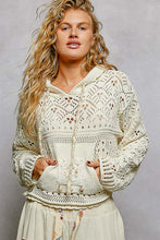 POL long sleeve regular fit hoodie sweater top in chenille with crochet patch, rib hood band, see through weave, solid color - Natural