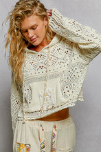 POL long sleeve regular fit hoodie sweater top in chenille with crochet patch, rib hood band, see through weave, solid color - Natural