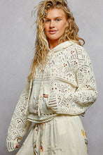 POL long sleeve regular fit hoodie sweater top in chenille with crochet patch, rib hood band, see through weave, solid color - Natural