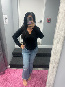 POL Round neck long sleeve outseam solid lace top - Black or White