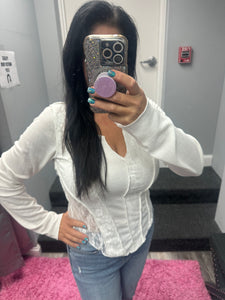 POL Round neck long sleeve outseam solid lace top - Black or White