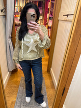 POL long sleeve regular fit hoodie thin sweater top in acrylic with star patch, pearl stud point, see through square weave, hood loop point, rib band detail, solid color - Ivory, Olive or Paradise Mint