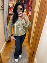 POL long sleeve regular fit hoodie thin sweater top in acrylic with star patch, pearl stud point, see through square weave, hood loop point, rib band detail, solid color - Ivory, Olive or Paradise Mint