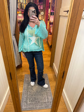 POL long sleeve regular fit hoodie thin sweater top in acrylic with star patch, pearl stud point, see through square weave, hood loop point, rib band detail, solid color - Ivory, Olive or Paradise Mint