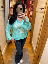 POL long sleeve regular fit hoodie thin sweater top in acrylic with star patch, pearl stud point, see through square weave, hood loop point, rib band detail, solid color - Ivory, Olive or Paradise Mint