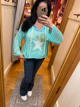 POL long sleeve regular fit hoodie thin sweater top in acrylic with star patch, pearl stud point, see through square weave, hood loop point, rib band detail, solid color - Ivory, Olive or Paradise Mint