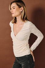 Surplice V-neck Ruched Lace Long Sleeve Top - Chocolate or Natural
