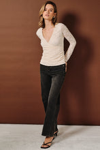 Surplice V-neck Ruched Lace Long Sleeve Top - Chocolate or Natural