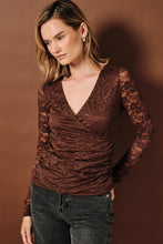 Surplice V-neck Ruched Lace Long Sleeve Top - Chocolate or Natural