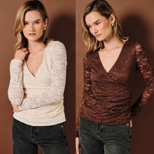 Surplice V-neck Ruched Lace Long Sleeve Top - Chocolate or Natural