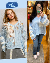 POL long sleeve relaxed fit thin sweater top in airy cotton with twisted weave, color blocked stripe pattern, see through weave, back patch point, rib band detail - Beige, Sky Blue or Soft Pink