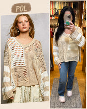 POL long sleeve relaxed fit thin sweater top in airy cotton with twisted weave, color blocked stripe pattern, see through weave, back patch point, rib band detail - Beige, Sky Blue or Soft Pink