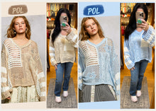 POL long sleeve relaxed fit thin sweater top in airy cotton with twisted weave, color blocked stripe pattern, see through weave, back patch point, rib band detail - Beige, Sky Blue or Soft Pink