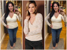 Surplice V-neck Ruched Lace Long Sleeve Top - Chocolate or Natural