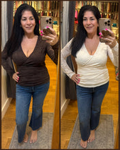 Surplice V-neck Ruched Lace Long Sleeve Top - Chocolate or Natural