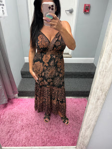 V Neck Printed Maxi Dress - Black
