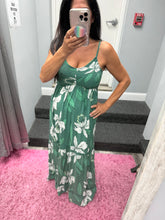 V Neck Smocked Bust Lace Trim Maxi Dress - Green