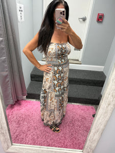 Smocked Strapless Maxi Dress With Cutout - Neutral Mix