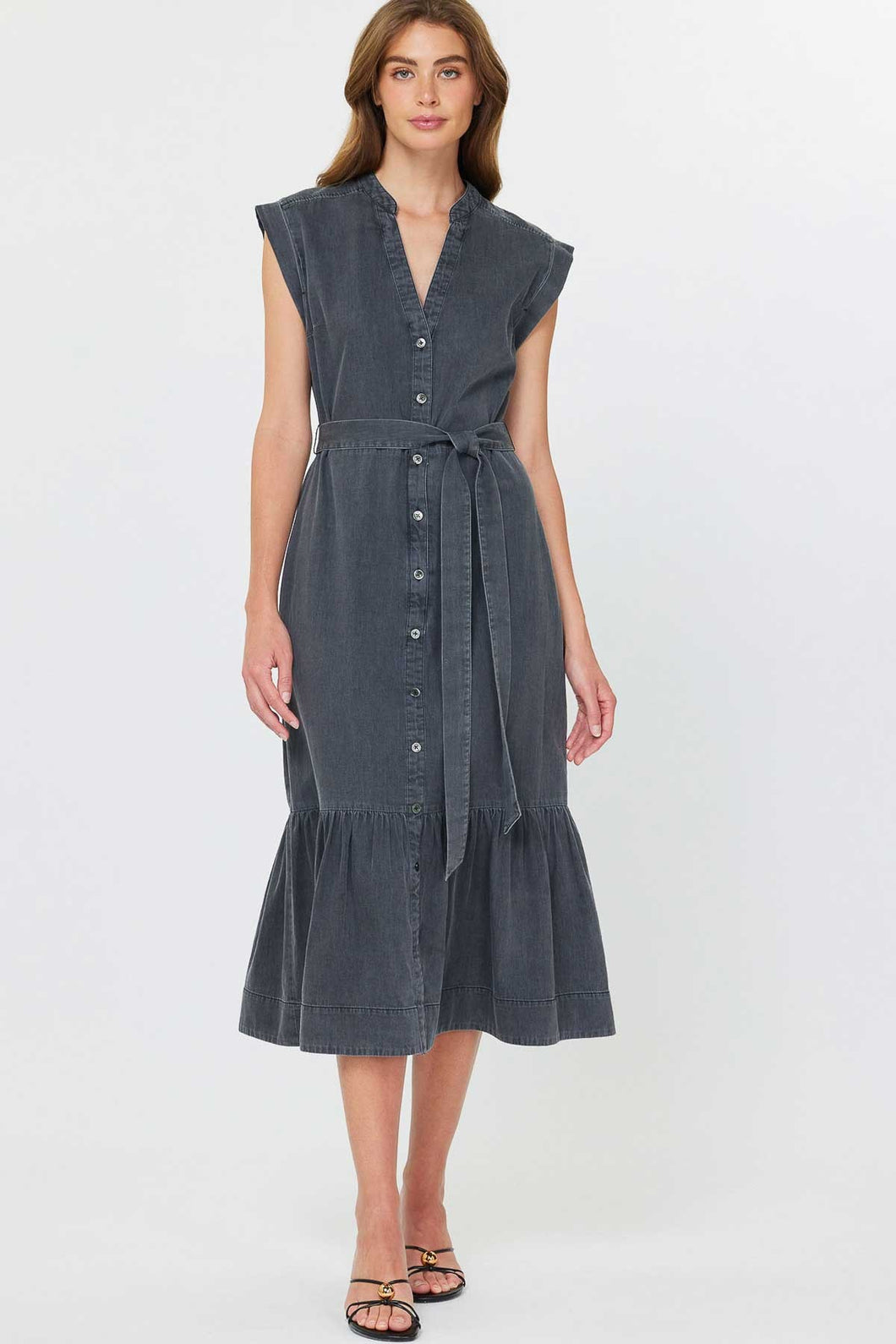 Currant Air Washed Button Down Midi Dress - Washed Black