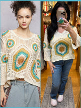 POL V neck 3/4 sleeve relaxed fit top in crochet with colorful granny circle motif and scalloped edge - Cream/Green