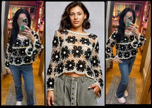 POL round neck long sleeve regular fit top in crochet with loosely weaved floral knit patterns and scalloped edge - Black Multi