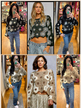 POL round neck long sleeve relaxed fit top in crochet with floral weave knit patterns and beads detail - Black Multi or Mocha Multi