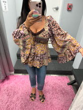 WIDE FLARE BELL SLEEVES LACE TRIM BLOUSE - ESPRESSO