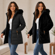 Women's Reversible Faux Fur Hooded Puffer Coat - Black