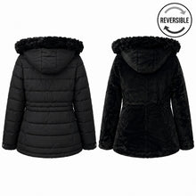 Women's Reversible Faux Fur Hooded Puffer Coat - Black