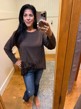 Raw Edge Fringe Hem Top - Brown, Black or Grey