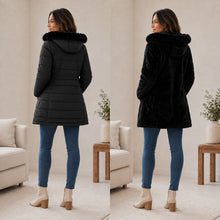 Women's Reversible Faux Fur Hooded Puffer Coat - Black