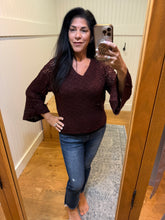 V Neck Pullover With Open Knit Flare Sleeves - Dark Fig