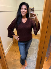 V Neck Pullover With Open Knit Flare Sleeves - Dark Fig