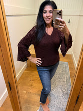 V Neck Pullover With Open Knit Flare Sleeves - Dark Fig