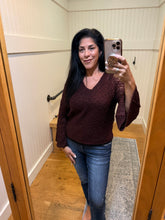 V Neck Pullover With Open Knit Flare Sleeves - Dark Fig