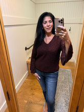 V Neck Pullover With Open Knit Flare Sleeves - Dark Fig