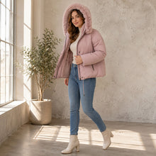 Women's Removable Faux Fur Hood Puffer Jacket - Pale Pink or Taupe