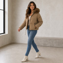 Women's Removable Faux Fur Hood Puffer Jacket - Pale Pink or Taupe